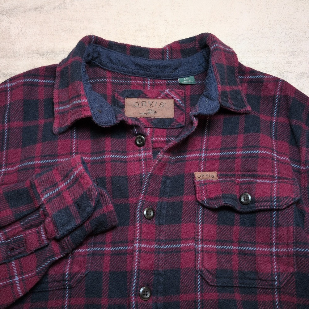 Orvis Men's Red Plaid Flannel Button Up 100% Cotton w/Side Pockets Size Large